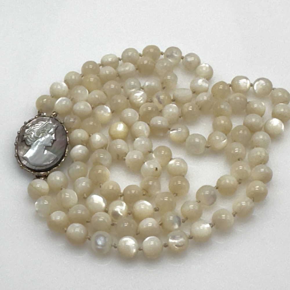 Vintage Mother of Pearl Cameo Clasp MOP Beaded Necklace Double Strand 10 mm
